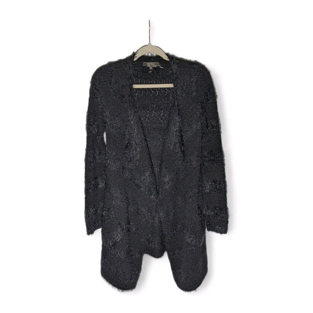 BCBG Maxazria Longline Cardigan Duster Sz M Black Eyelash Knit Sweater Open